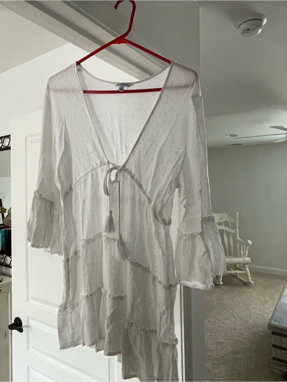 blue island White Tiered V-Neck Swim Coverup with Tassel Tie